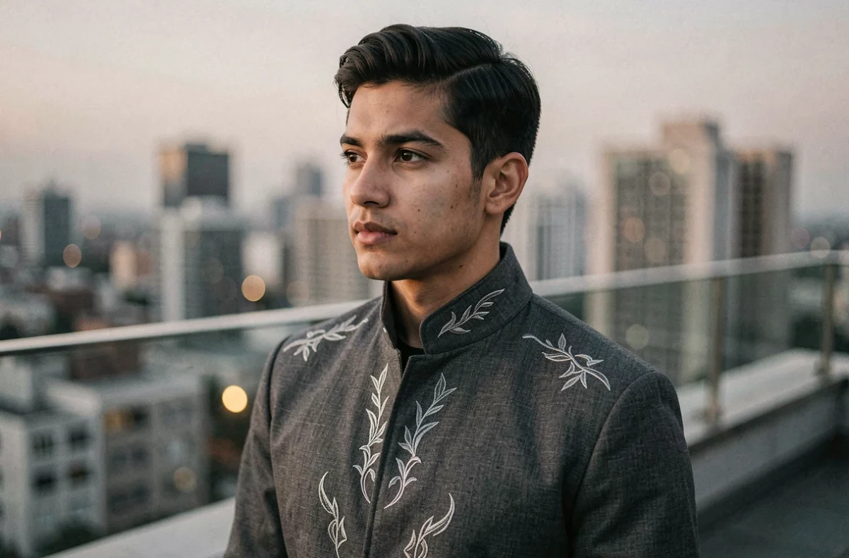 Jeune homme en veste anthracite style anime fantasy sur un toit urbain au crépuscule, portrait éditorial inspiré des husbandos méconnus de l'animation japonaise