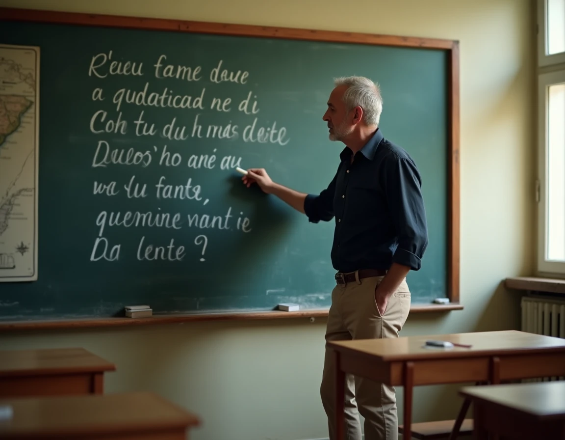 Professeur de français devant un tableau noir avec des phrases écrites à la craie, illustrant l'enseignement des règles grammaticales