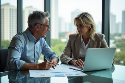 Couple d'affaires en réunion immobiliere dans un bureau lumineux