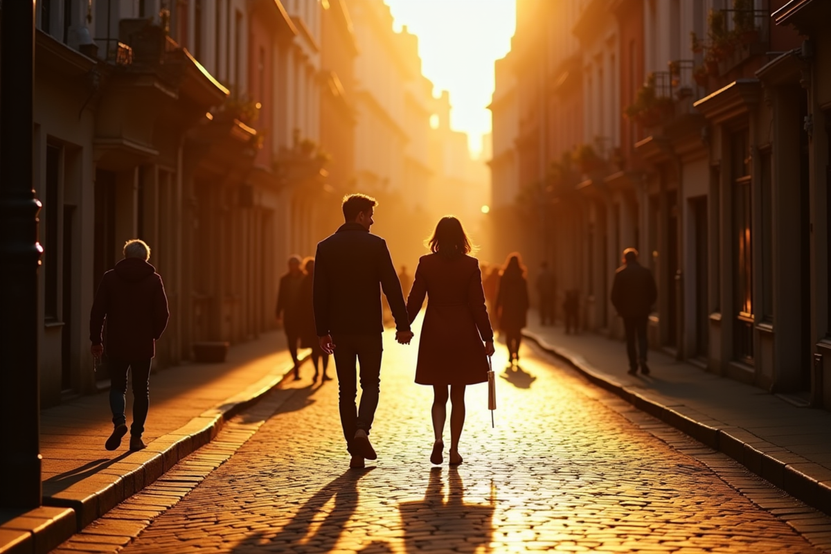 Deux personnes marchant main dans la main dans Lille au coucher du soleil