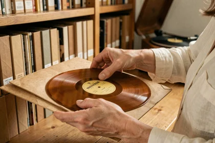Femme rangeant délicatement un disque 78 tours vinyle dans une pochette de protection archivale dans un bureau chaleureux en bois