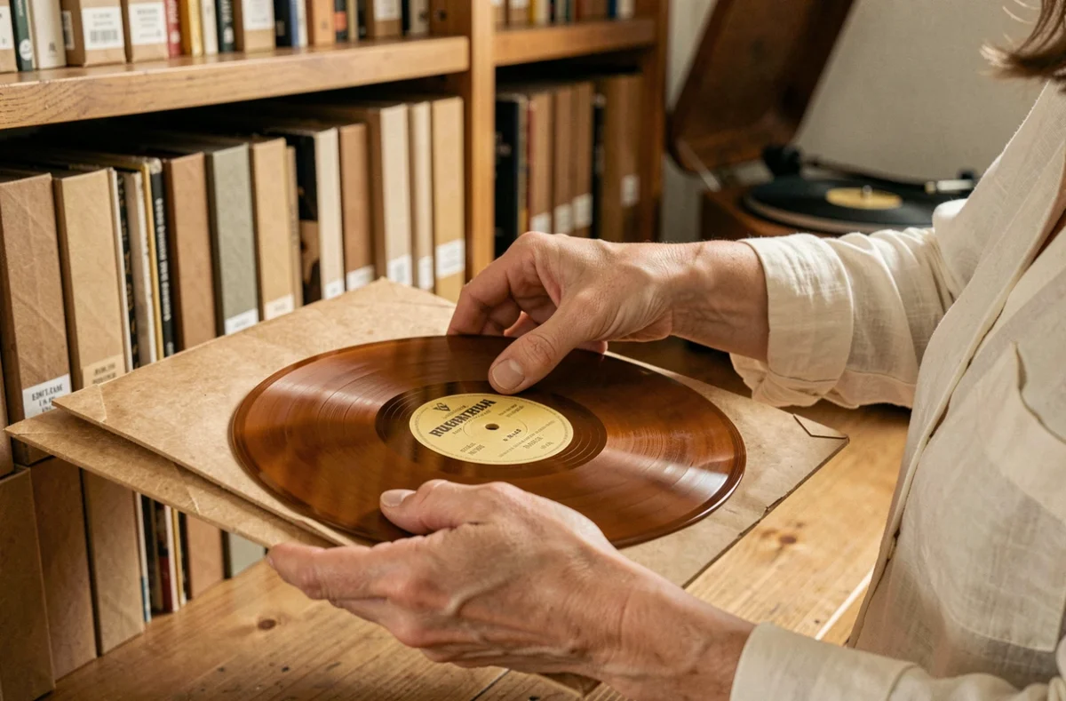 Femme rangeant délicatement un disque 78 tours vinyle dans une pochette de protection archivale dans un bureau chaleureux en bois