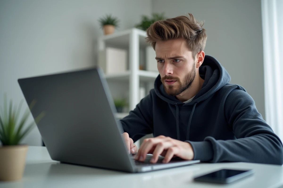 Jeune homme effectuant une recherche inversée de numéro de téléphone sur ordinateur portable pour identifier un appelant suspect