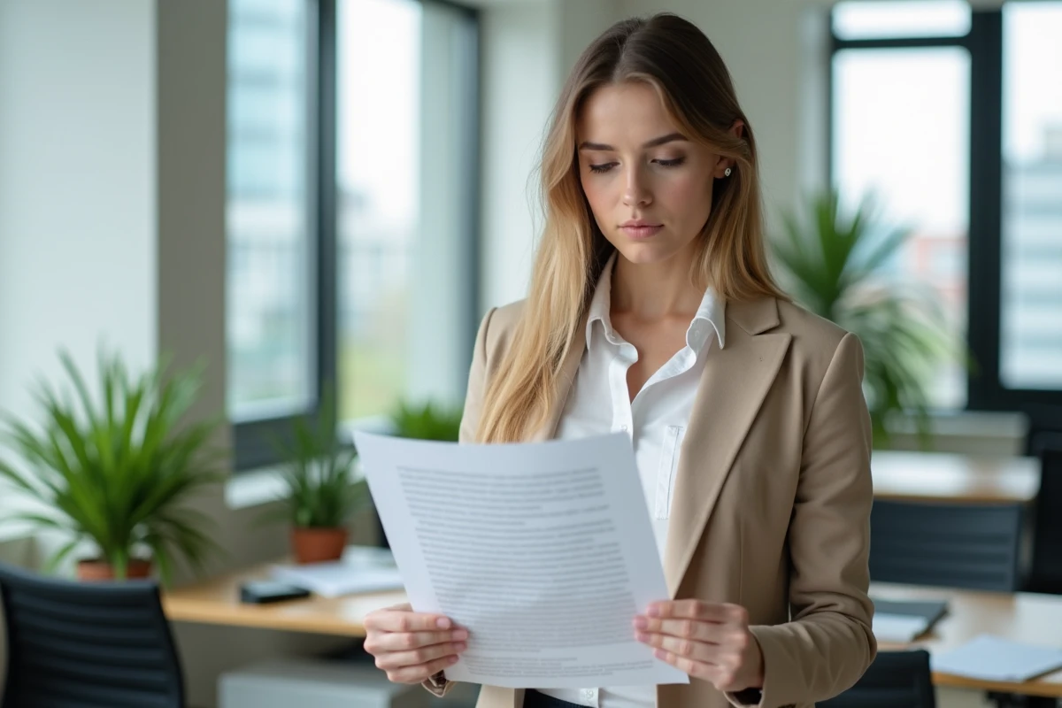 Jeune femme relisant un document imprimé pour corriger les fautes de français au bureau