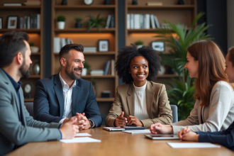 Quatre adultes divers en réunion de travail en entreprise