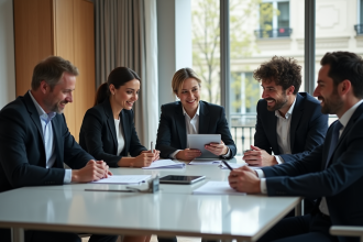 Groupe de professionnels en réunion dans un bureau parisien