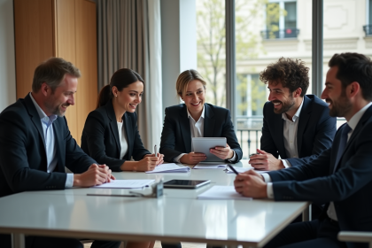 Groupe de professionnels en réunion dans un bureau parisien