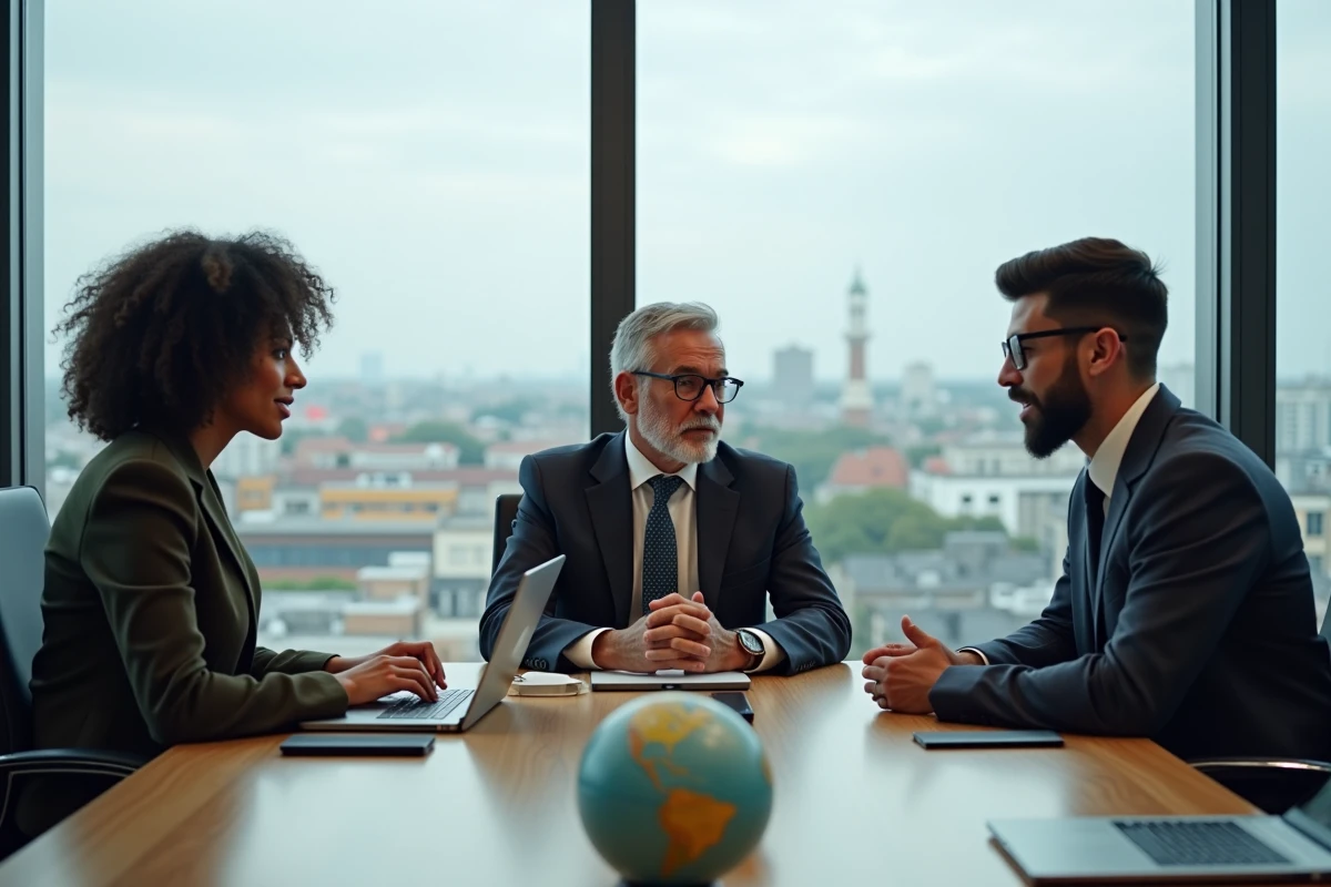 Groupe de professionnels en discussion dans une salle de réunion