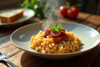 Assiette de risotto au chorizo sur une table en bois