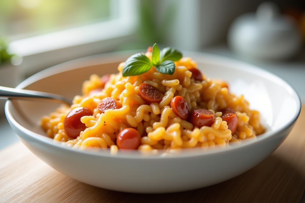 Gros plan sur risotto crémeux au chorizo dans une assiette blanche