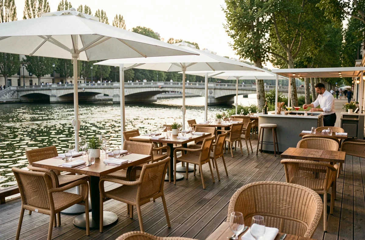 Terrasse du River Café à Issy-les-Moulineaux avec tables dressées en bord de Seine pour un événement privé