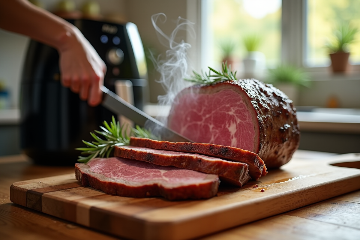 Rôti de boeuf parfaitement cuit avec romarin dans une cuisine moderne