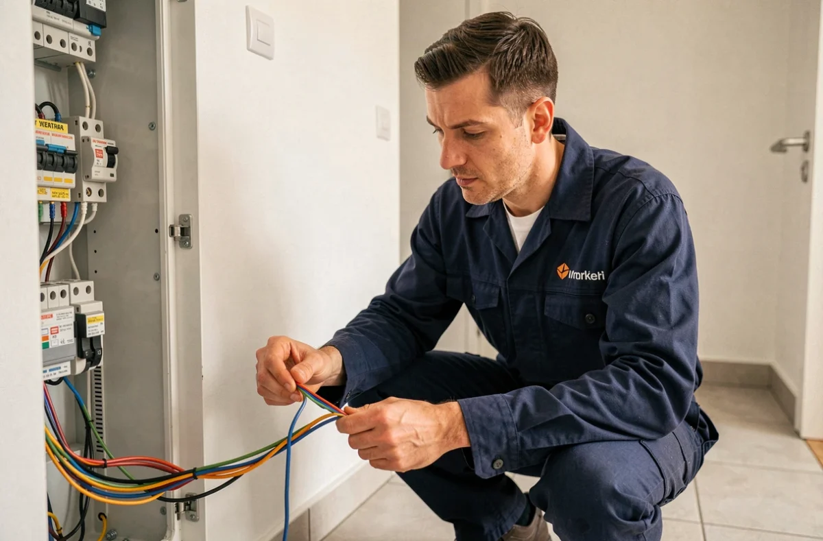 Électricien de SAS Blondel'Elec travaillant sur un tableau électrique dans une maison résidentielle