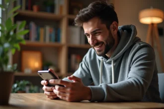 Joueur adulte sauvegardant ses progrès sur le jeu mobile Snoki depuis un bureau à domicile