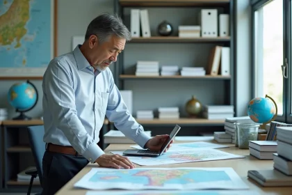 Scientifique japonais étudiant cartes géologiques et séismes