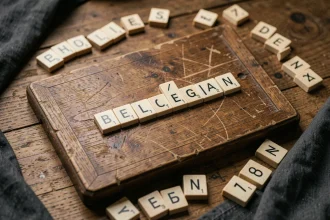 Plateau de Scrabble en bois avec des lettres formant un mot de ville belge à trois lettres