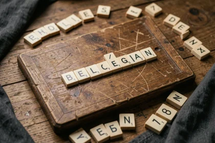 Plateau de Scrabble en bois avec des lettres formant un mot de ville belge à trois lettres