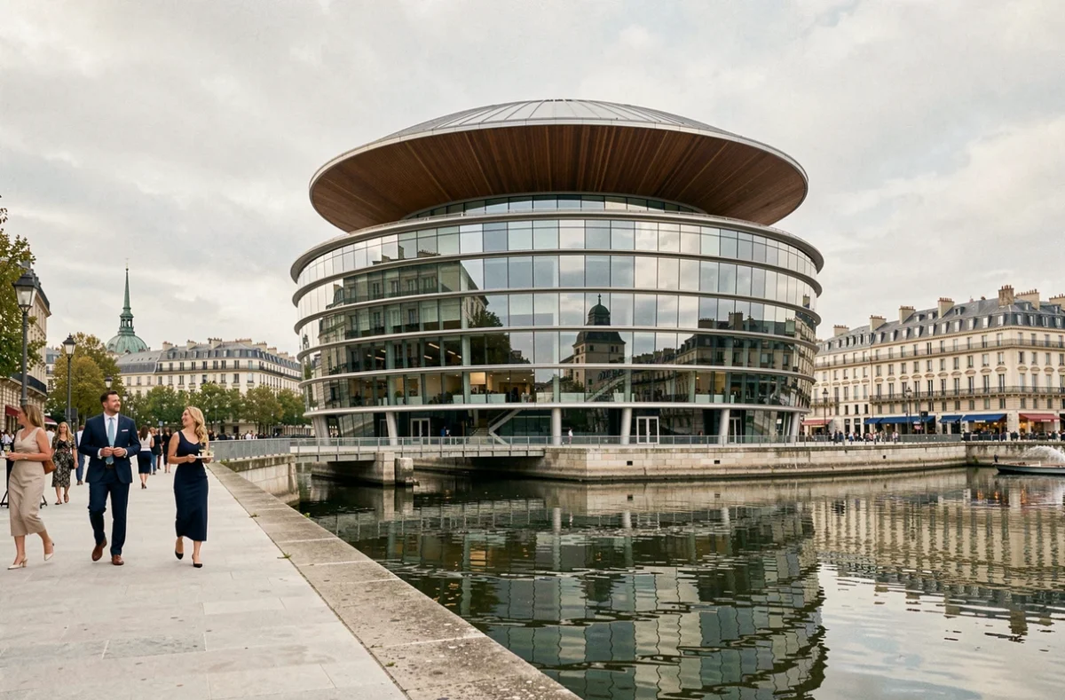 Façade contemporaine de La Seine Musicale sur l'Île Seguin à Boulogne-Billancourt avec invités arrivant pour un événement