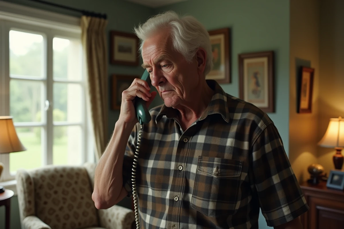 Homme âgé méfiant tenant un combiné téléphonique fixe dans son salon, symbolisant la vulnérabilité des seniors face aux arnaques téléphoniques