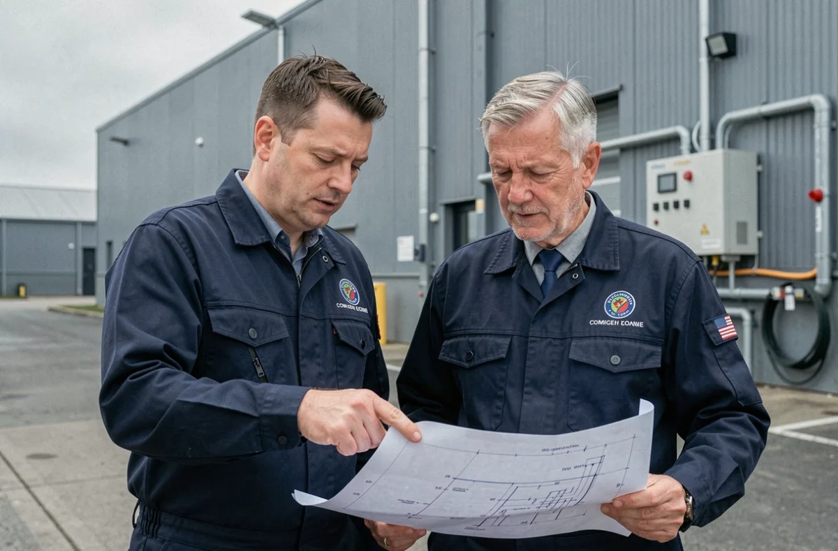 Deux électriciens de SERELEC étudiant des plans électriques devant un site industriel de la Somme