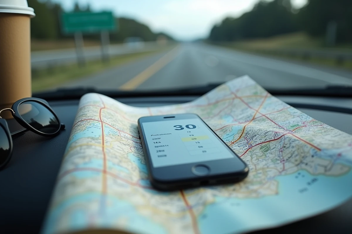Smartphone affichant un convertisseur miles kilomètres posé sur une carte routière dans un habitacle de voiture