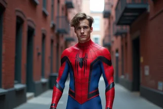 Cosplayeur en costume Spider-Man détaillé dans une ruelle urbaine, illustrant les liens entre Spider-Man et les Avengers