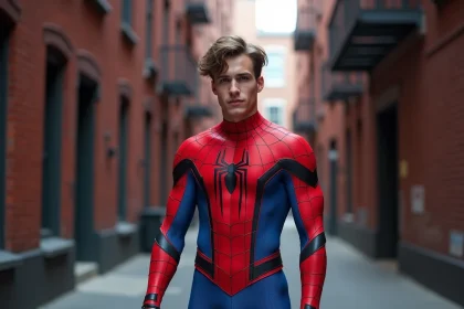 Cosplayeur en costume Spider-Man détaillé dans une ruelle urbaine, illustrant les liens entre Spider-Man et les Avengers