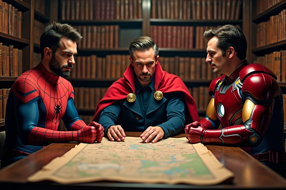 Trio de cosplayers Spider-Man, Doctor Strange et Iron Man étudiant une carte dans une bibliothèque ancienne, évoquant leur alliance secrète