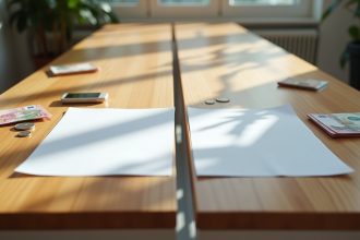 Table en bois avec documents et pièces d'euros en lumière naturelle