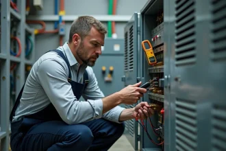 Technicien en électricité mesurant les pertes d'un transformateur triphasé monophasé avec un ampèremètre à pince dans une salle de distribution électrique industrielle