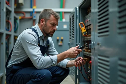Technicien en électricité mesurant les pertes d'un transformateur triphasé monophasé avec un ampèremètre à pince dans une salle de distribution électrique industrielle