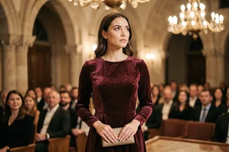Femme élégante en robe de velours bordeaux lors d'une soirée Candlelight à Lyon