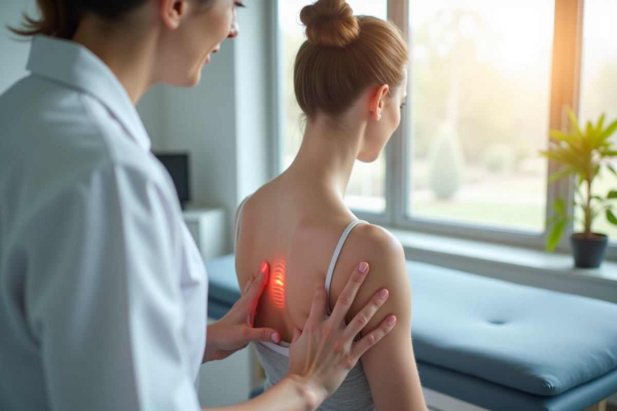 Kinésithérapeute massant l'épaule d'un patient dans une salle lumineuse