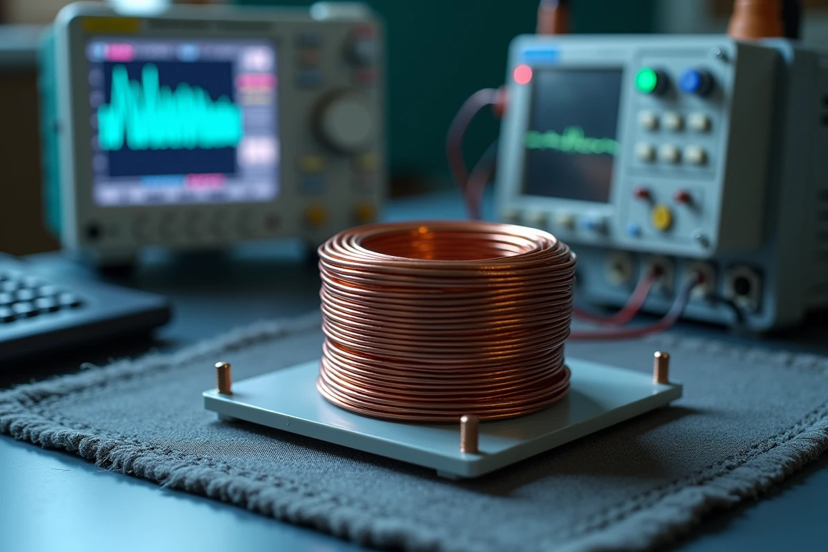 Gros plan d'un transformateur toroïdal cuivré sur un établi de laboratoire électronique avec oscilloscope et caméra thermique pour analyser le bruit et le rendement