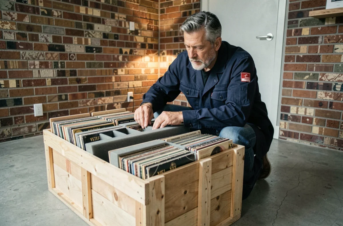 Homme emballant des disques 78 tours dans une caisse de transport rembourrée dans une salle de stockage en brique