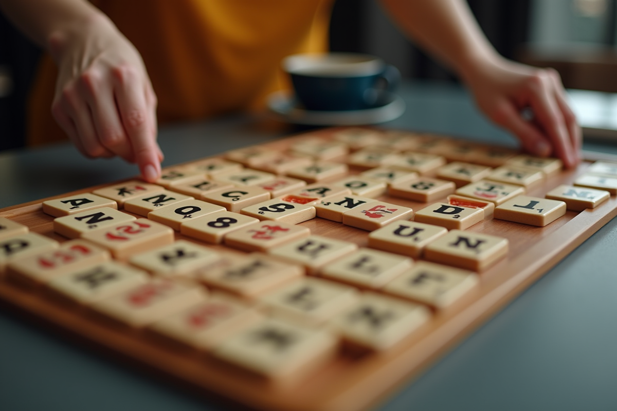 Zoom sur les tuiles de Rummikub en cours de partie sur une table moderne