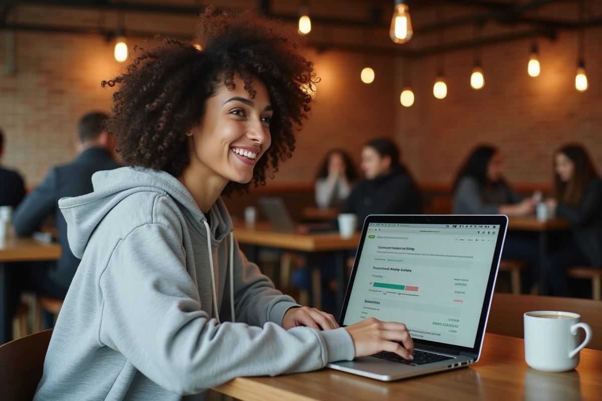 Femme utilisant Kabrax sur son ordinateur portable dans un café moderne pour maximiser ses profits en 2026