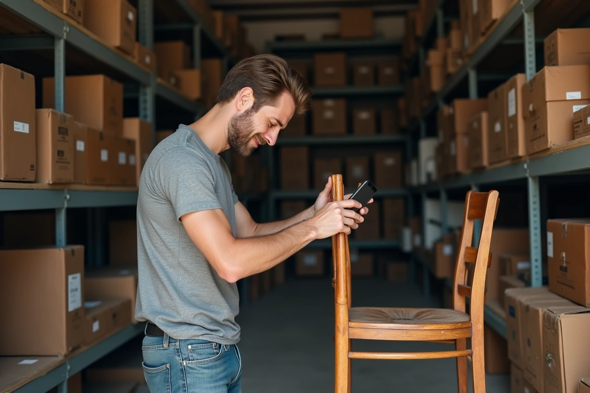 Vendeur français photographiant des meubles anciens dans son garage pour les mettre en vente sur un site d'annonces italien