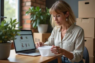 Femme française emballant un article à vendre en ligne sur un site d'annonces italien depuis son bureau à domicile
