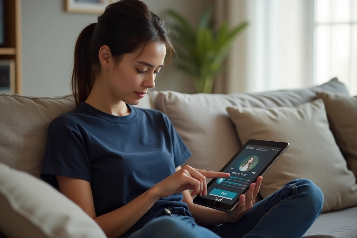 Femme vérifiant la sauvegarde de son compte Snoki sur une tablette dans un salon moderne