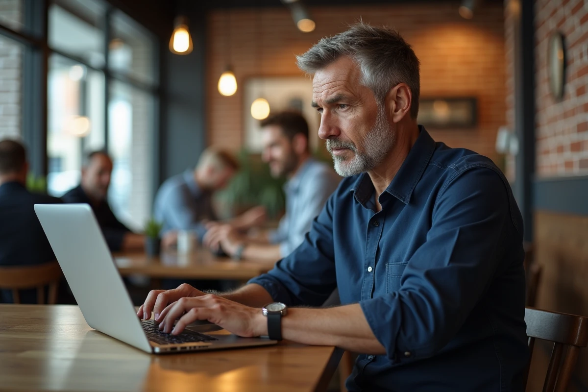 Homme vérifiant l'orthographe d'un texte sur son ordinateur portable dans un café moderne