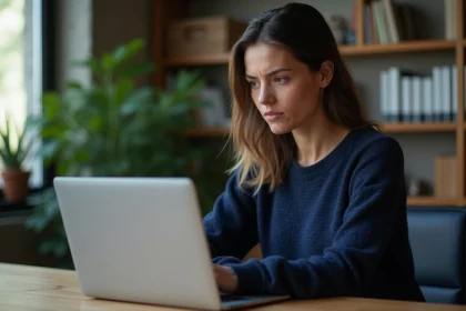 Femme vérifiant l'URL d'un site web sur un ordinateur portable dans un bureau à domicile