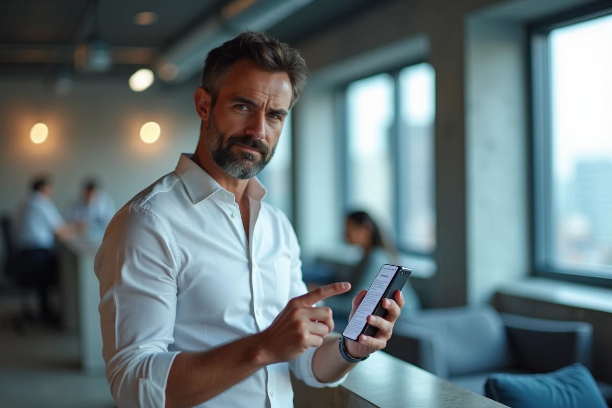 Homme analysant l'URL d'un site sur smartphone dans un espace de coworking moderne