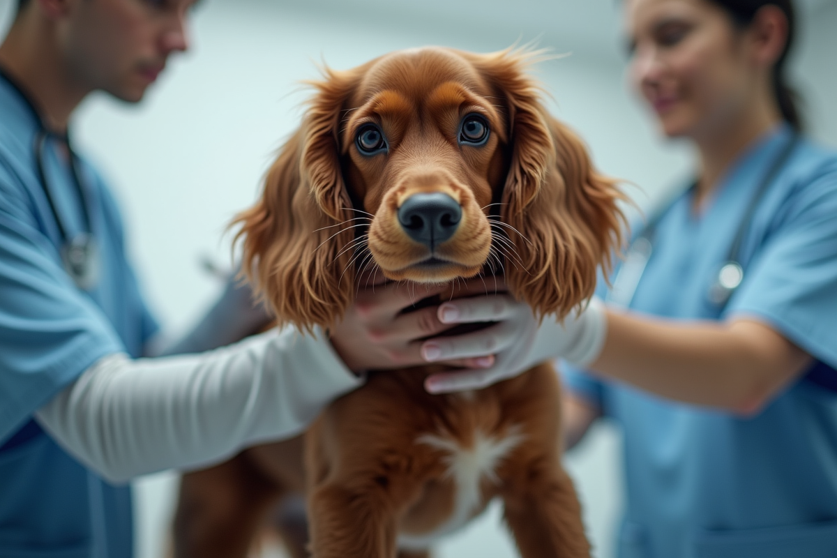 Vétérinaire examinant un cocker en clinique moderne