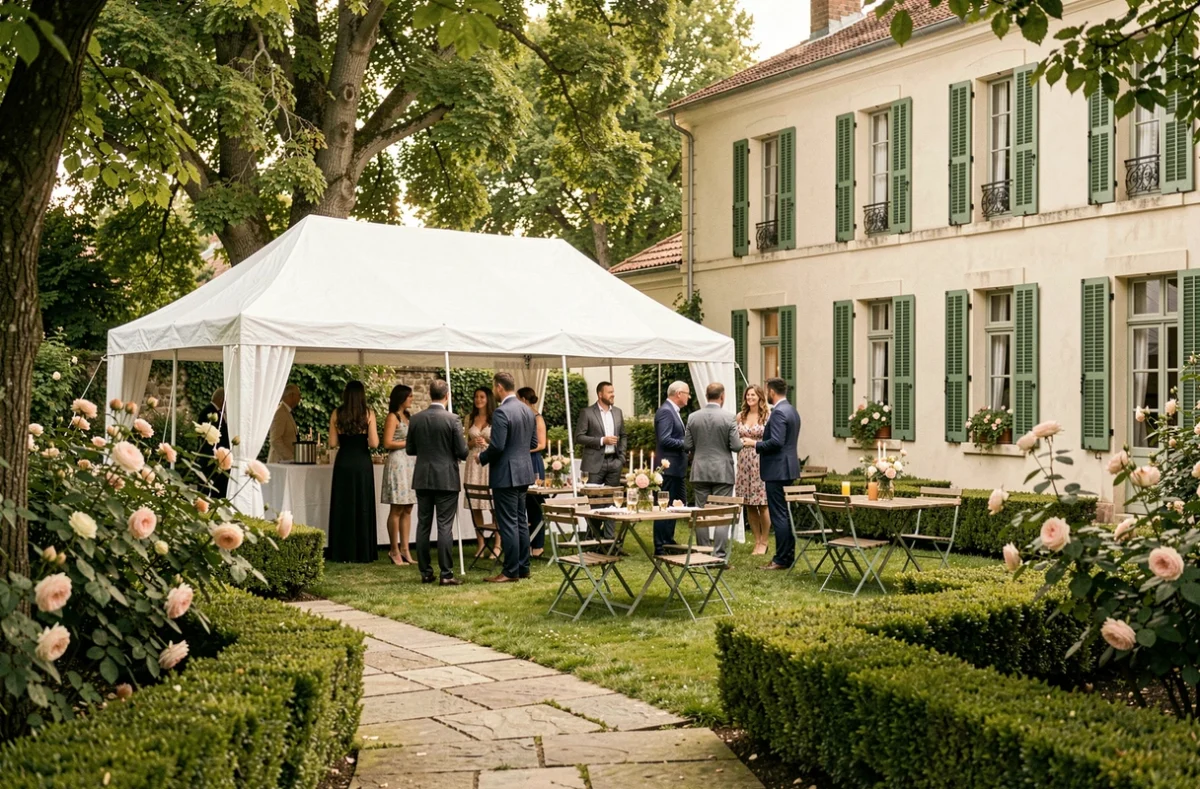 Jardin de La Villa Châtenay aménagé pour une réception avec tente blanche et décoration florale