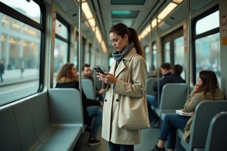 Femme sereine consultant son smartphone dans le tramway ligne 2 de Nantes aux heures de pointe