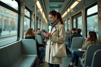 Femme sereine consultant son smartphone dans le tramway ligne 2 de Nantes aux heures de pointe