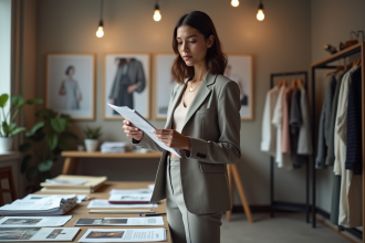 Femme stylée examine mood board mode dans un studio